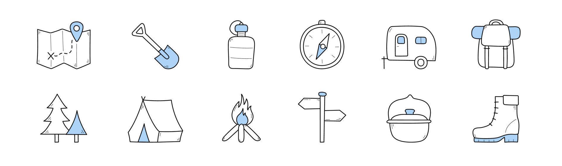 iconos de campamento de verano con carpa, mochila, mapa, fuego vector