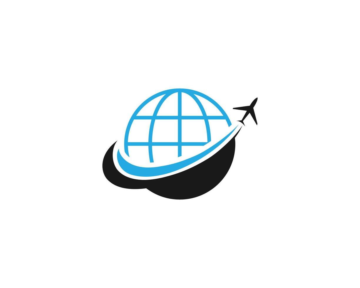 Vuelo en avión alrededor del mundo con ilustración de vector de símbolo de diseño de logotipo de viaje.