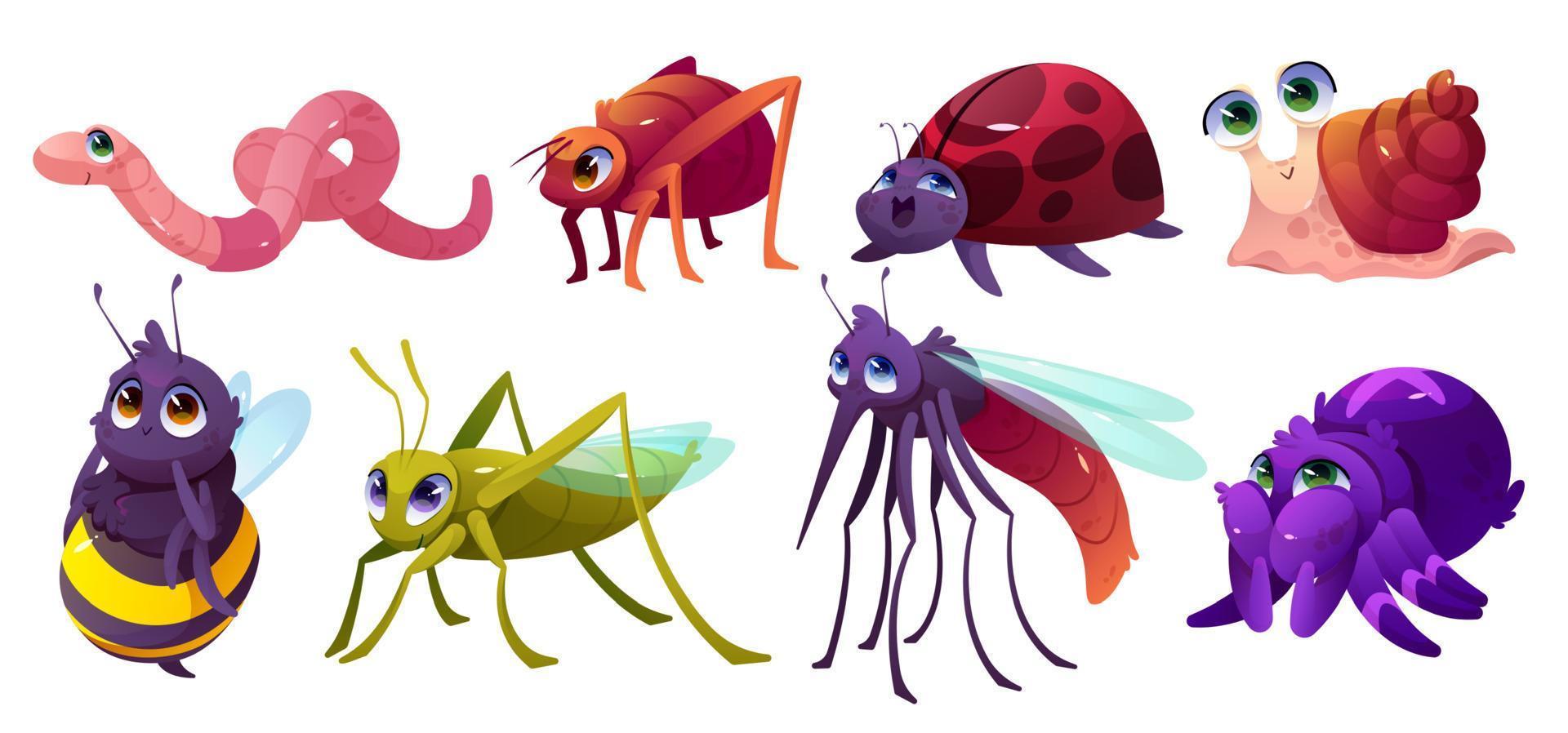 lindos personajes de insectos, hormiga, abeja, araña, mariquita vector