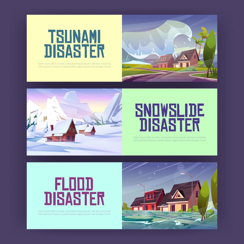 Posters of flood, snowslide and tsunami disasters vector
