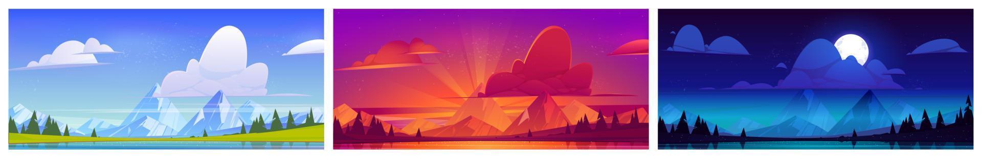 Lake and mountains at different times of day vector