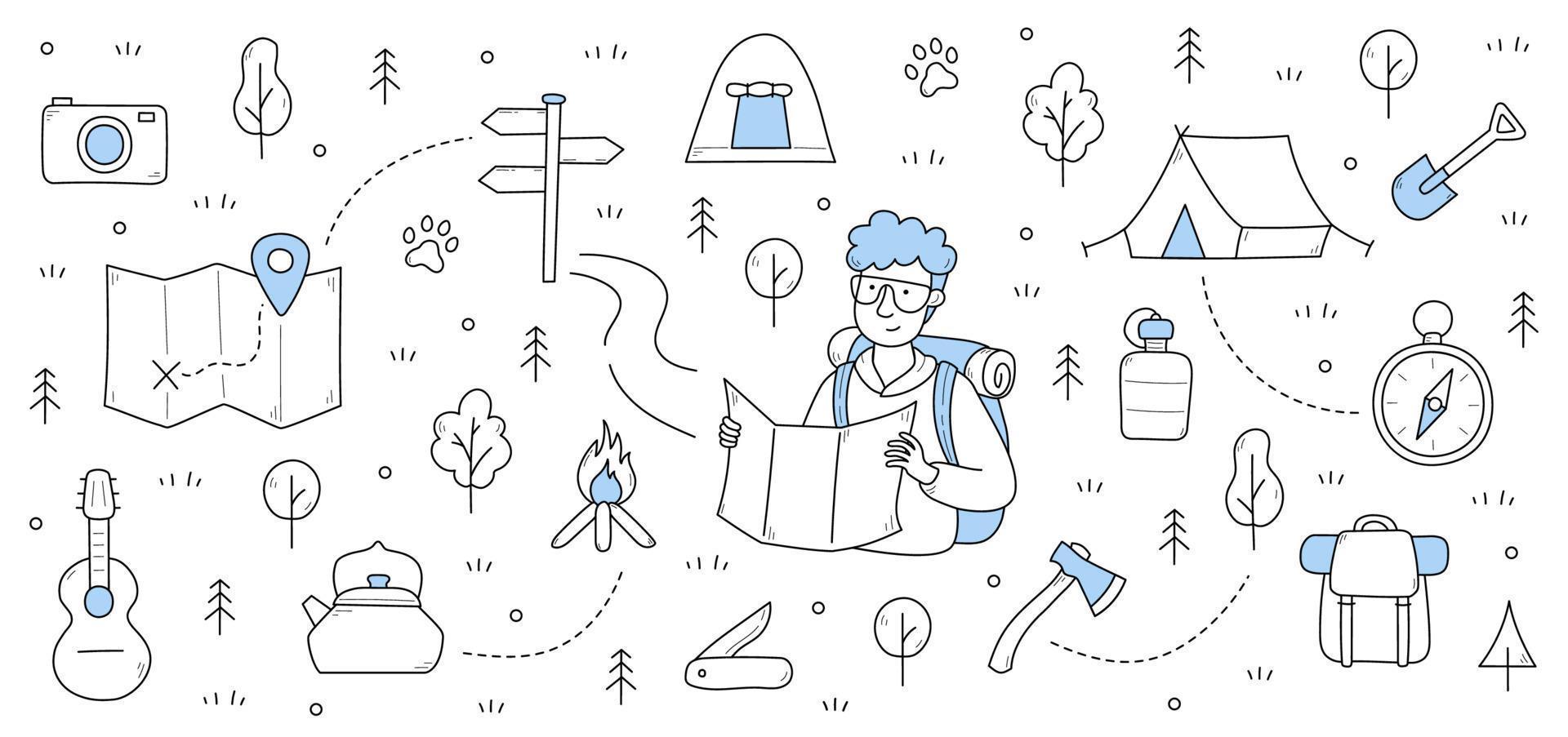 concepto de doodle de camping, orientación o senderismo vector