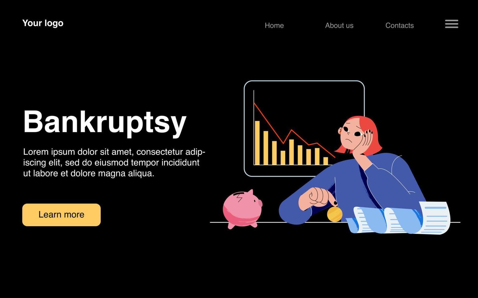 Bankruptcy banner with depressed woman loss money vector