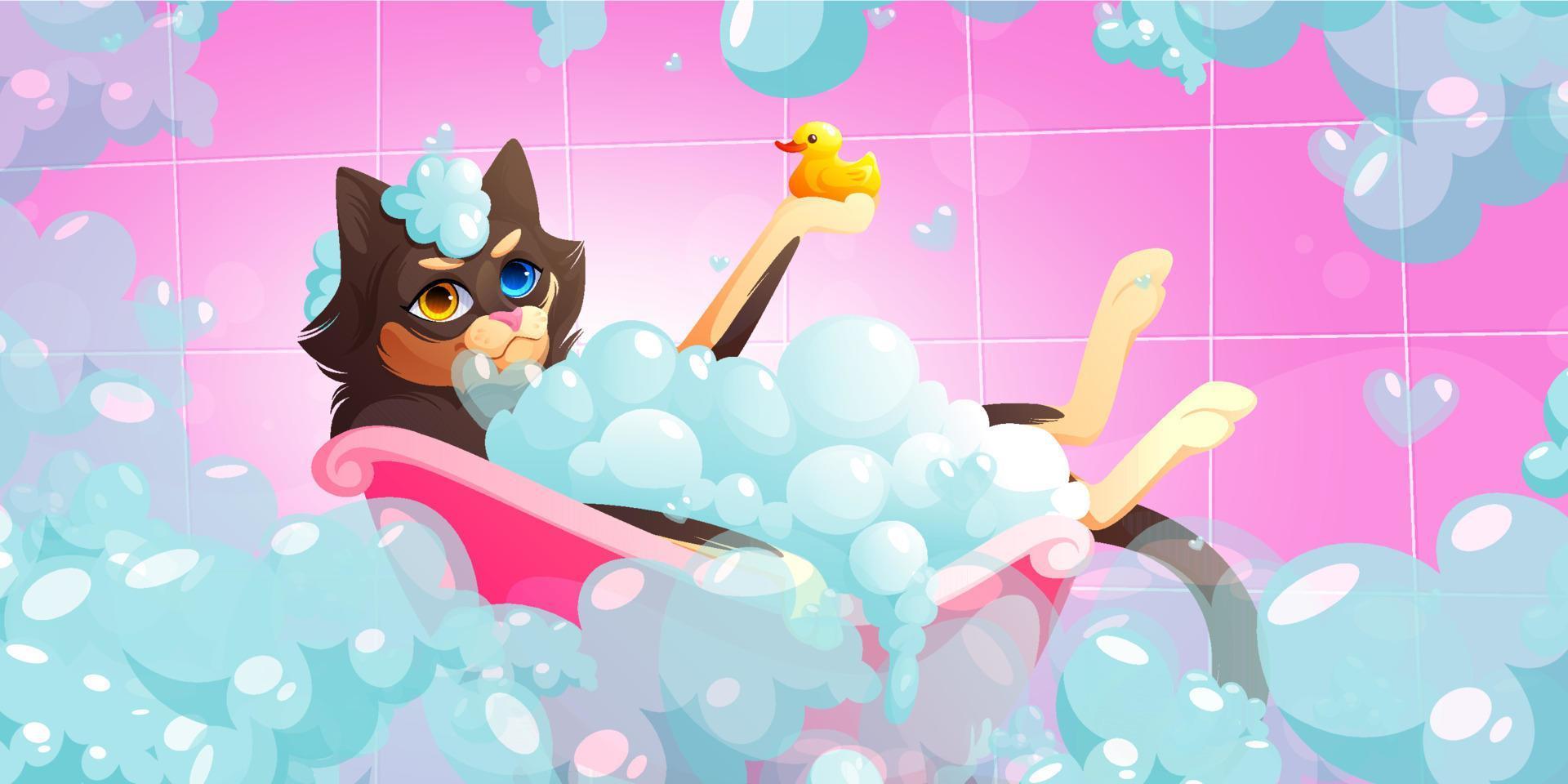 Cat wash in bathtub in pet grooming salon vector