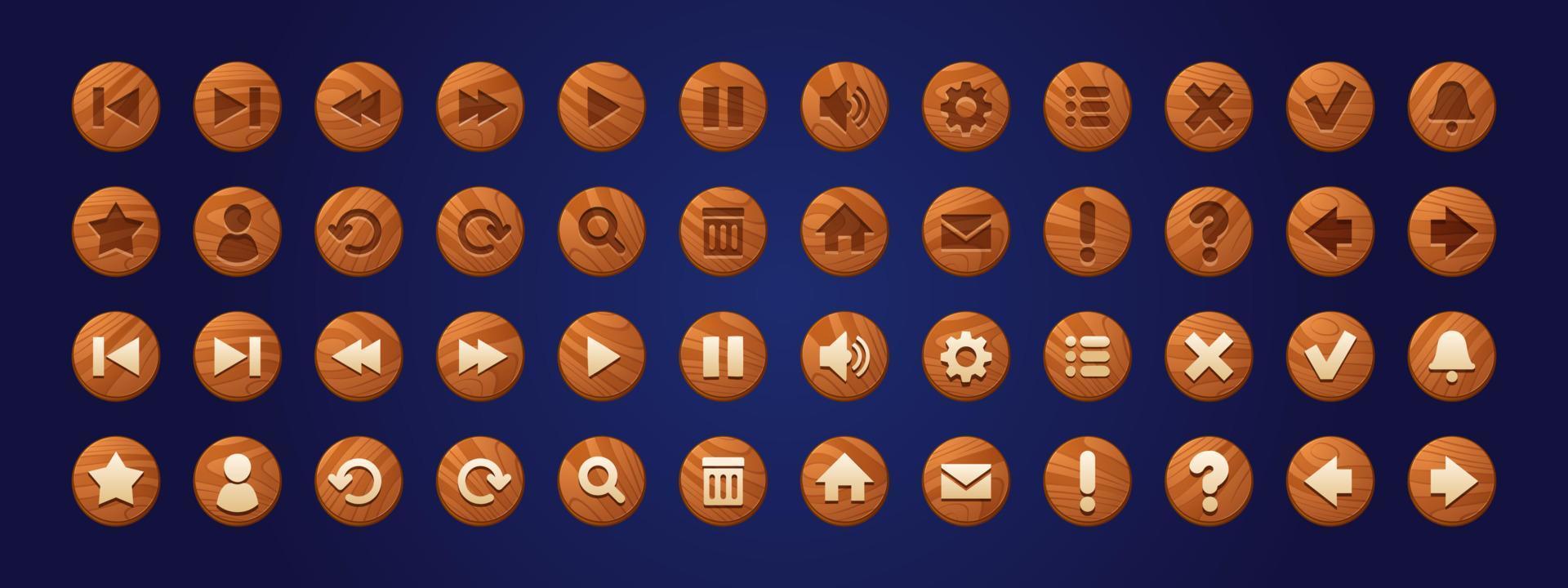 Wooden web buttons, round icons for game interface vector