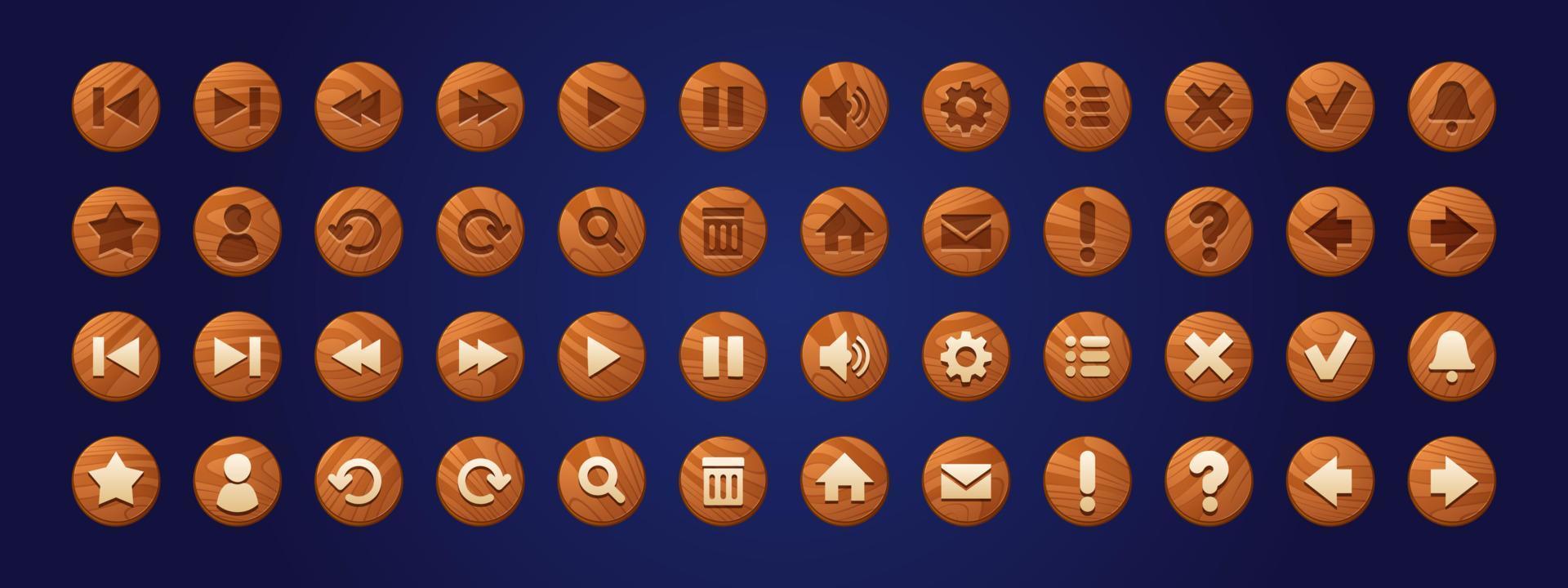 Wooden web buttons, round icons for game interface vector