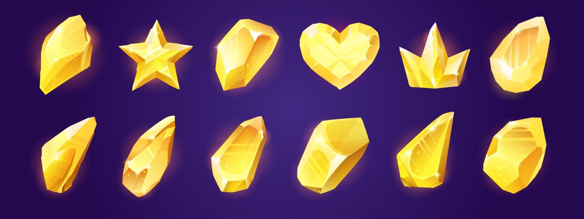 Magic crystals, yellow rocks isolated, gem stones vector