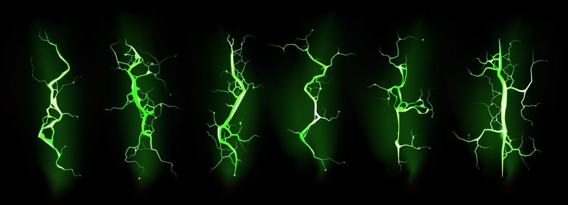 Ground cracks with glow, green lightning set vector