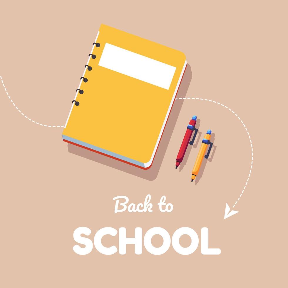 Back to school background with notepad and pens. Back to school banner flyer template. Vector stock illustration.