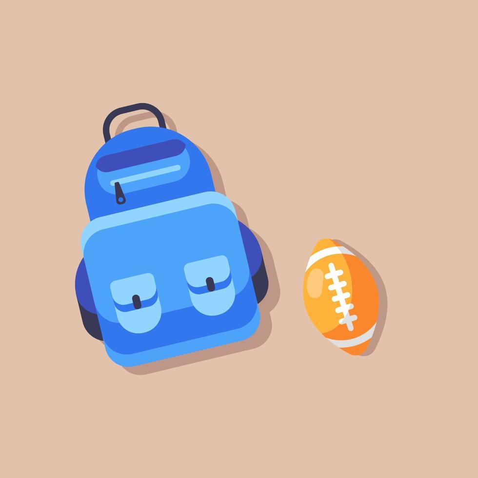 Schoolbag with ball flat illustration. Backpack, rugby, ball, rucksack, knapsack. schoolbag. Blue school bag on one color background. Vector stock illustration.