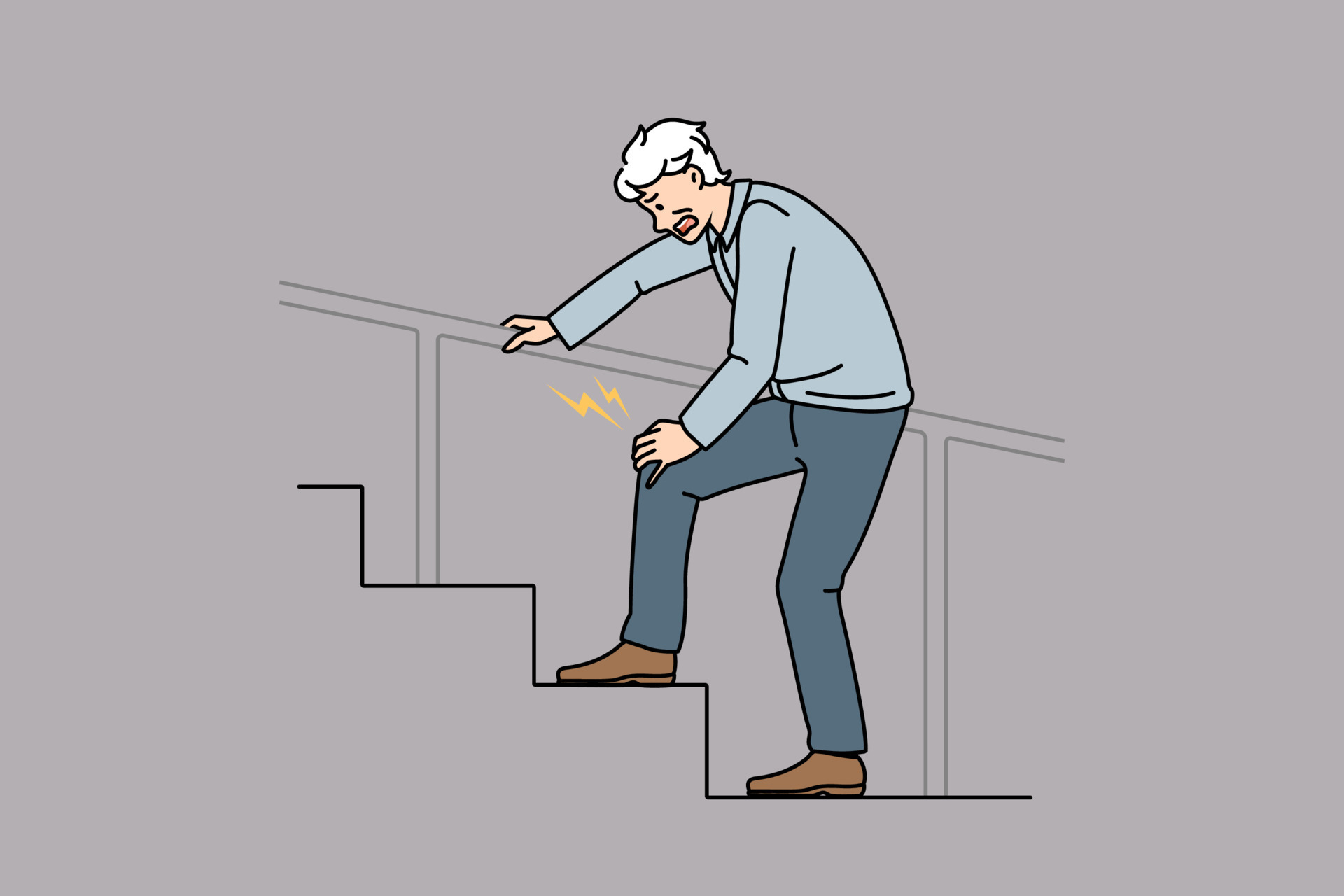 Unhealthy old man walk stairs up suffer from knee pain. Unwell mature
