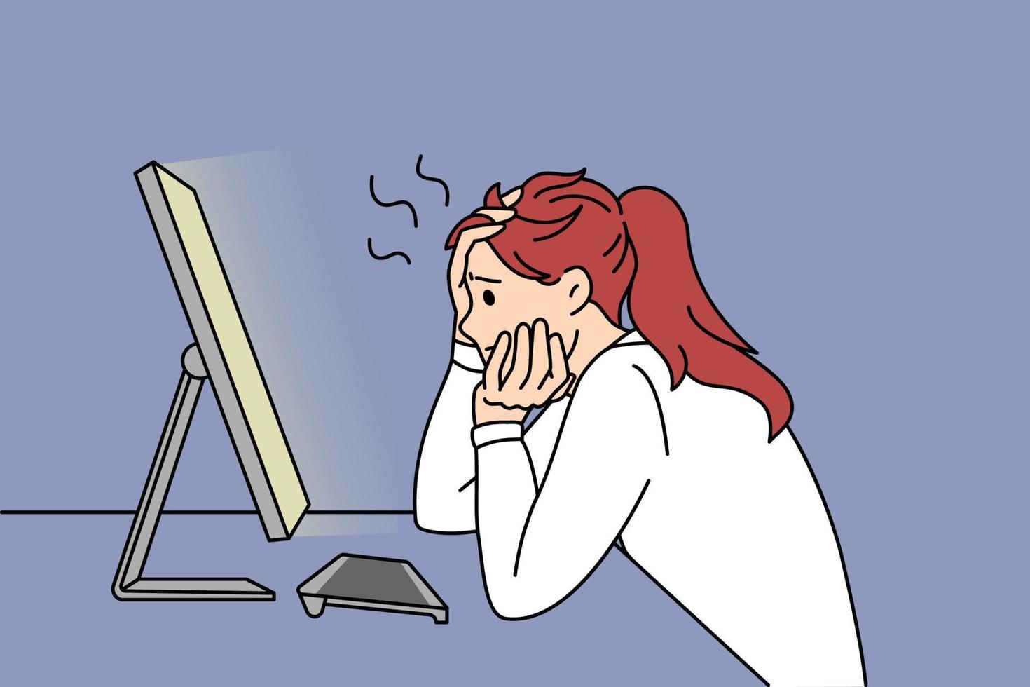 una mujer ansiosa trabaja en línea en una computadora estresada por la fecha límite. chica preocupada ocupada en el estudio de pc prepararse para el examen en la web. las mujeres tienen problemas con el aparato. spam, concepto de virus. ilustración vectorial vector