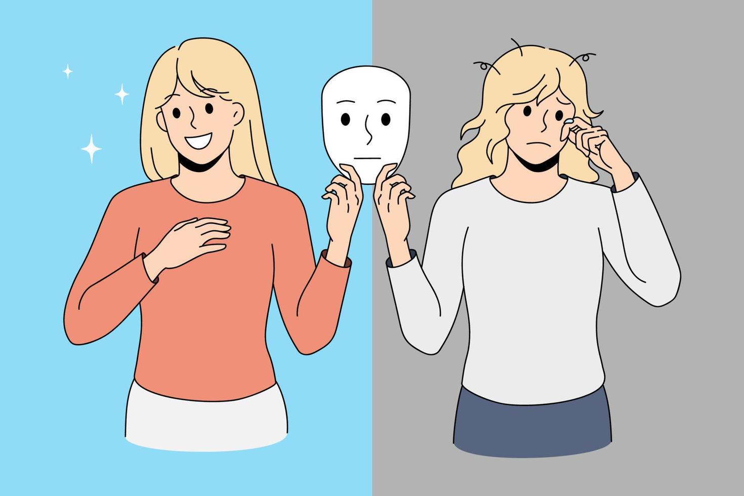 Young woman hold mask show different emotions suffer from bipolar disorder. Unhappy and smiling girl struggle with mental illness. Psychology, health problem concept. Vector illustration.