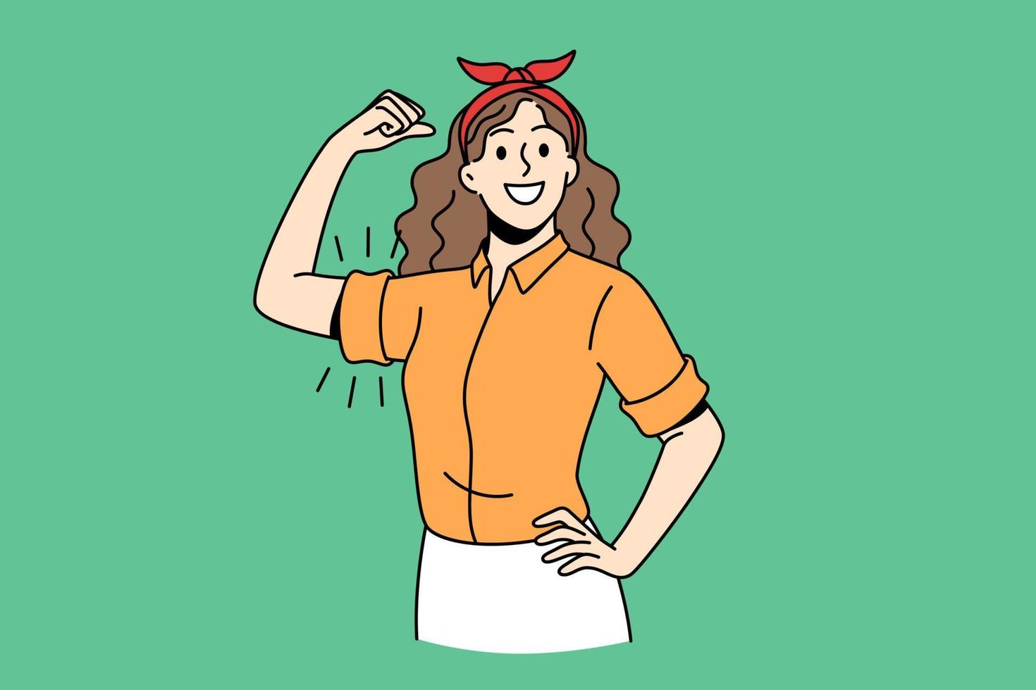 Feminism, self confidence of woman concept. Young smiling girl cartoon character standing showing biceps feeling confident strong vector illustration