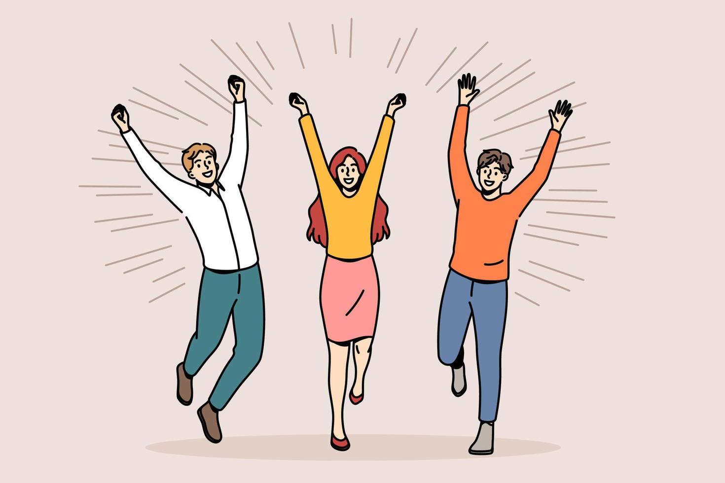 Business team success celebrating concept. Group of young happy smiling people business partners jumping with raised hands feeling excited vector illustration