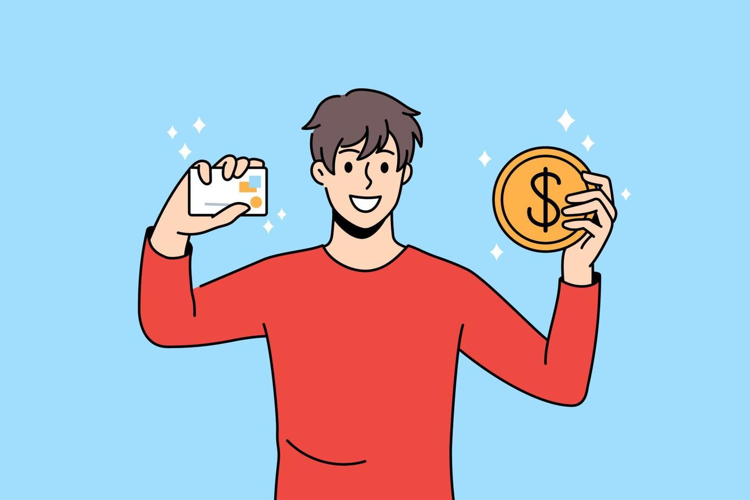 Smiling young man hold credit card and bitcoin excited about good investment. Happy guy trader invest money in cryptocurrency. Crypto, trading concept. Vector illustration, cartoon character.