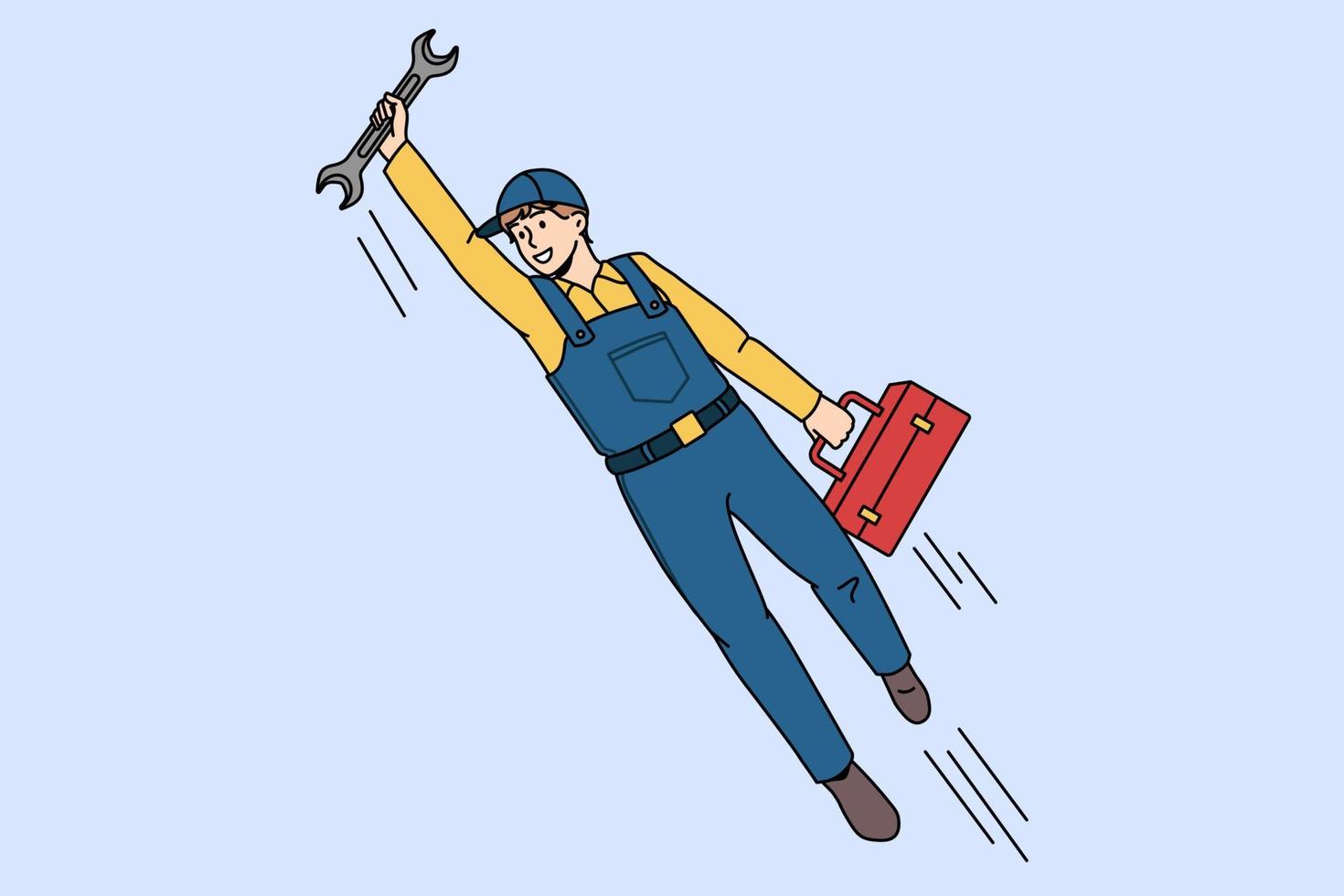 hombre feliz superhéroe plomero con llave lista para ayudar al cliente o al cliente. equipo de reparación de reparación de plomada mecánico o ingeniero sonriente. concepto de ocupación laboral. ilustración vectorial vector