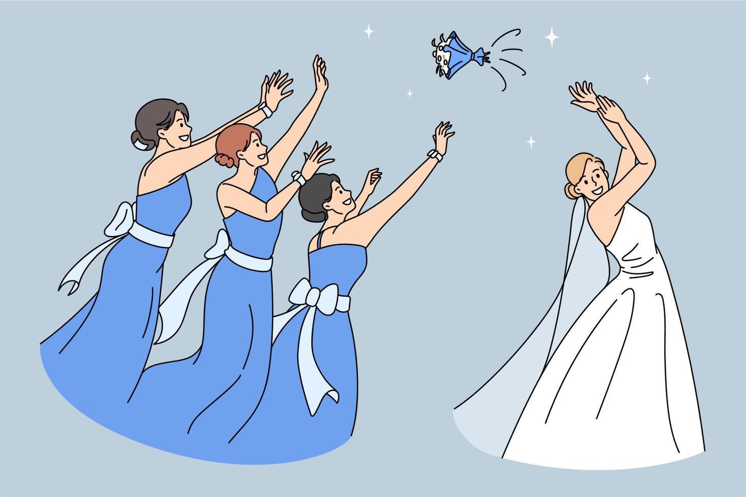 Bride in gown throw bouquet to bridesmaids. Happy woman fiancee and wedding guests involved in traditional custom. Girls maid of honor catch flowers. Marriage celebration concept. vector