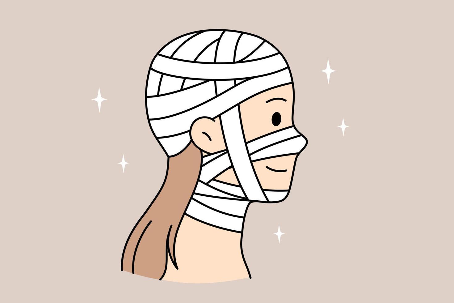 Head injury and healthcare concept. Head of young smiling woman cartoon character side view injured wrapped in bandages vector illustration