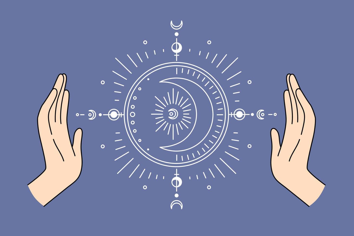 Moon astrology sign system concept. Human hands and moon oriental signs system between them over blue background vector illustration