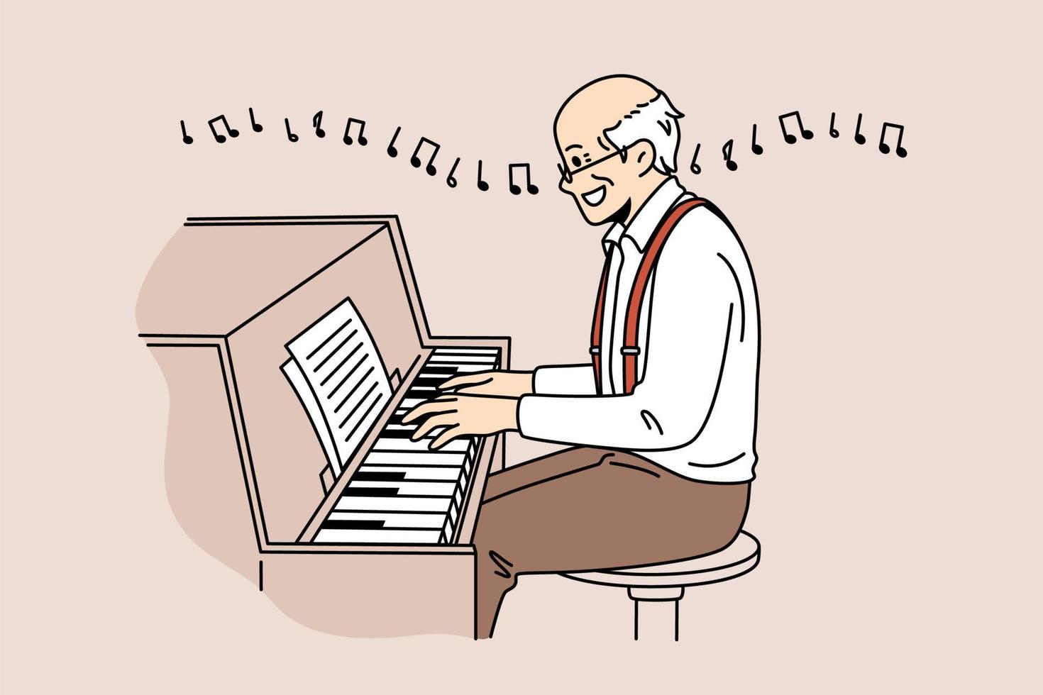 Mature people as musicians concept. Elderly smiling man pensioner cartoon character sitting reading notes playing piano enjoying music vector illustration