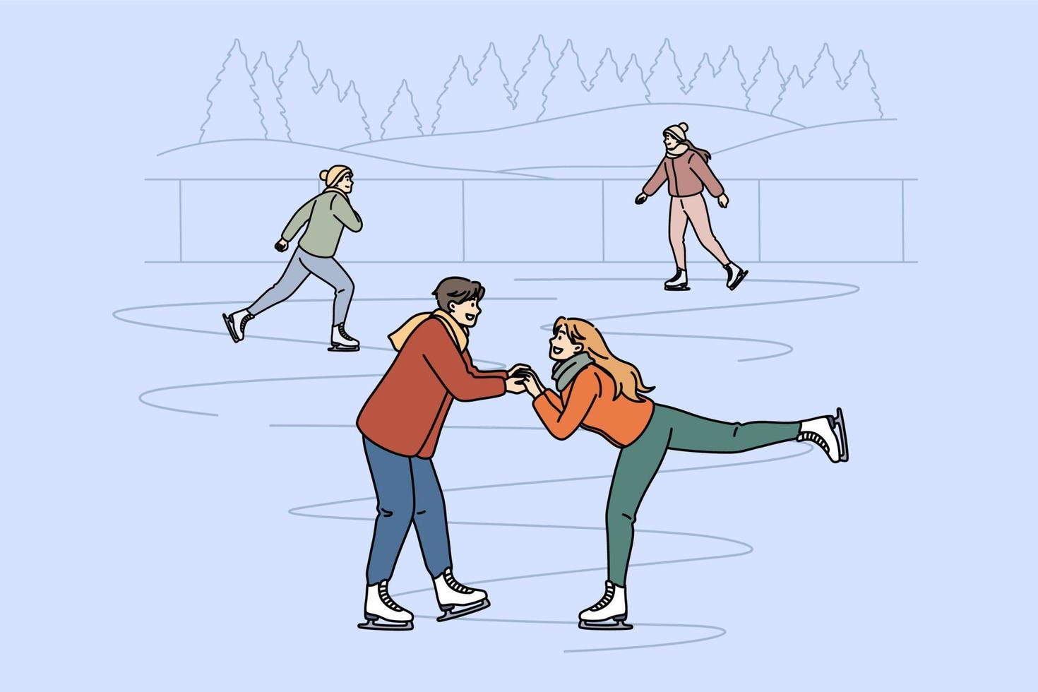 Active leisure in winter concept. Young happy smiling couple skating together on rink holding hands having fun vector illustration