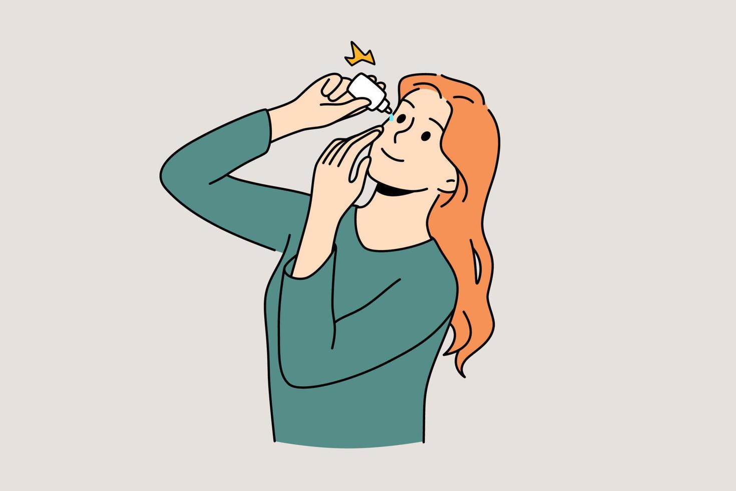 Healthcare and eyes hygiene concept. Young smiling woman cartoon character standing putting medical drops to eyes vector illustration