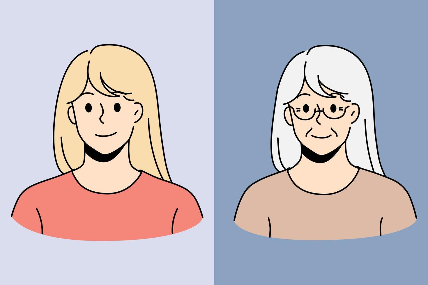 Young and old woman comparison on one picture. Person aging have facial differences. Younger and older generation lady. Youth and maturity concept. Vector illustration, cartoon character.