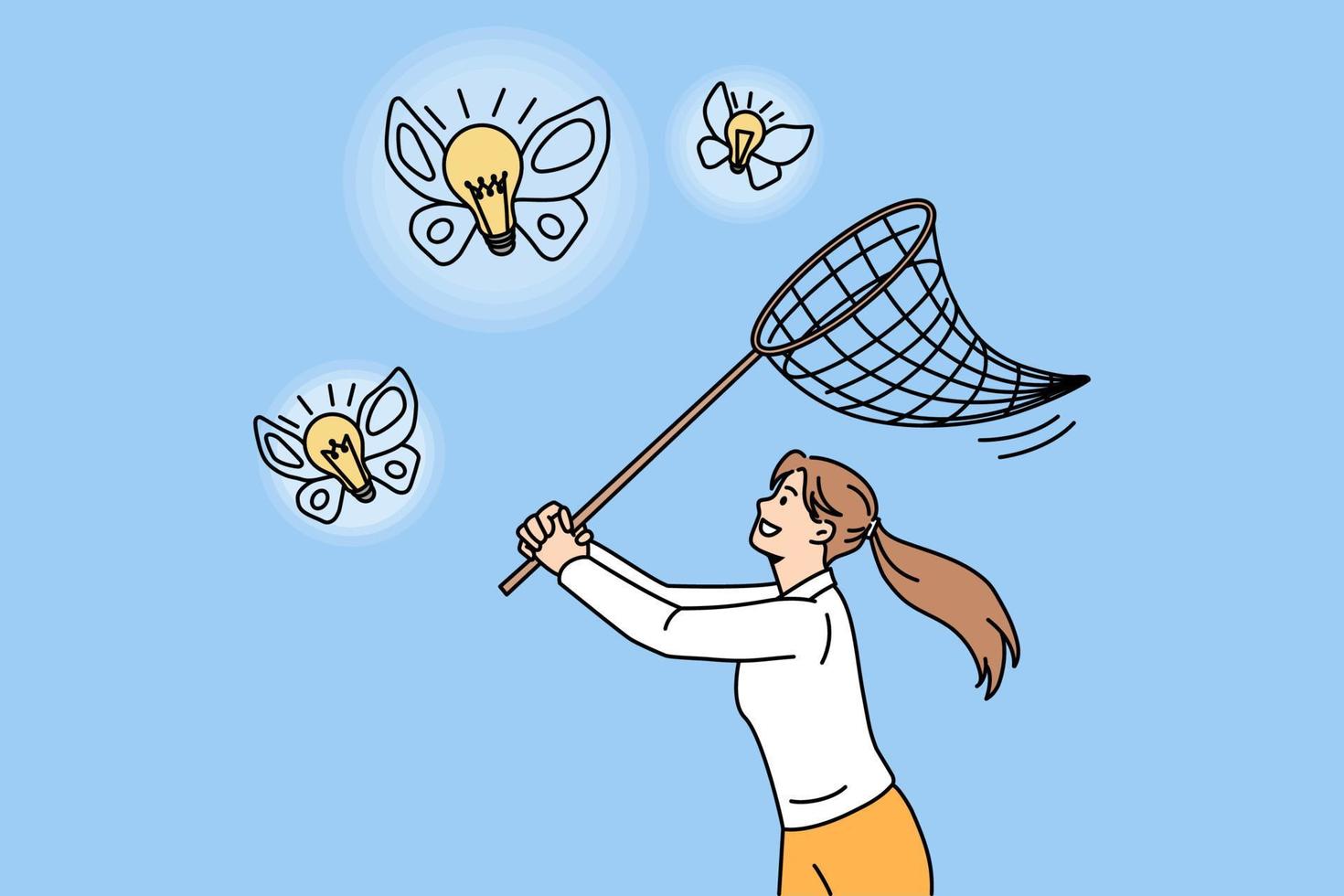 Motivated woman with net catch butterfly innovative business ideas flying. Confident girl trap light bulbs search for creative thoughts. Innovation, brainstorming concept. Vector illustration.