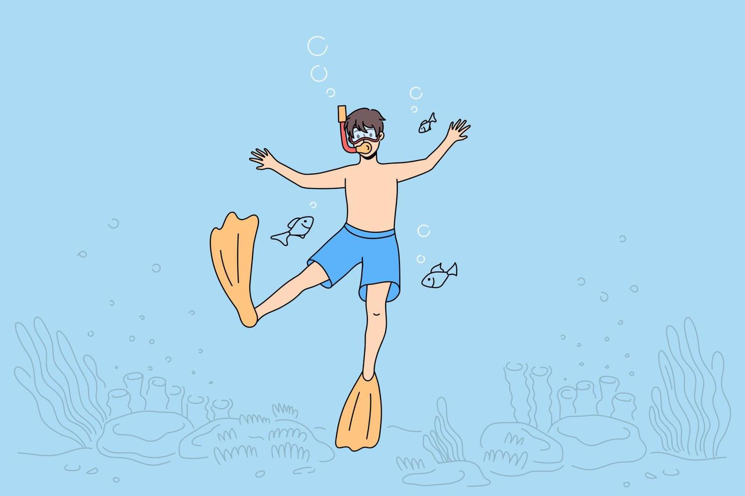 Boy child in scuba and swim fins snorkeling under water in sea. Happy kid in swimwear diving in ocean. Active summer vacation or holiday. Marine entertainment. Flat vector illustration.