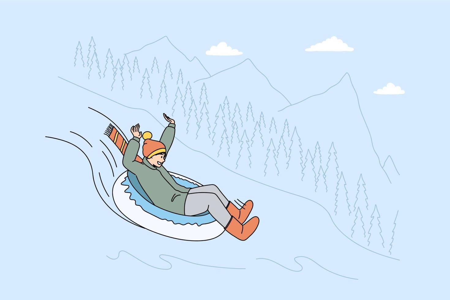 un hombre feliz con ropa de abrigo se divierte bajando la colina en un tubo de nieve inflable en las vacaciones de invierno. chico sonriente relajarse en la estación de esquí de montaña de vacaciones. concepto de turismo y viajes. ilustración vectorial vector