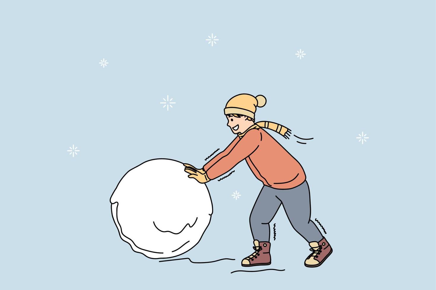 Happy small teen boy child in winter clothes have fun make snow ball playing outside alone. Smiling little kid enjoy New Year holidays or vacations. Childhood concept. Flat vector illustration.