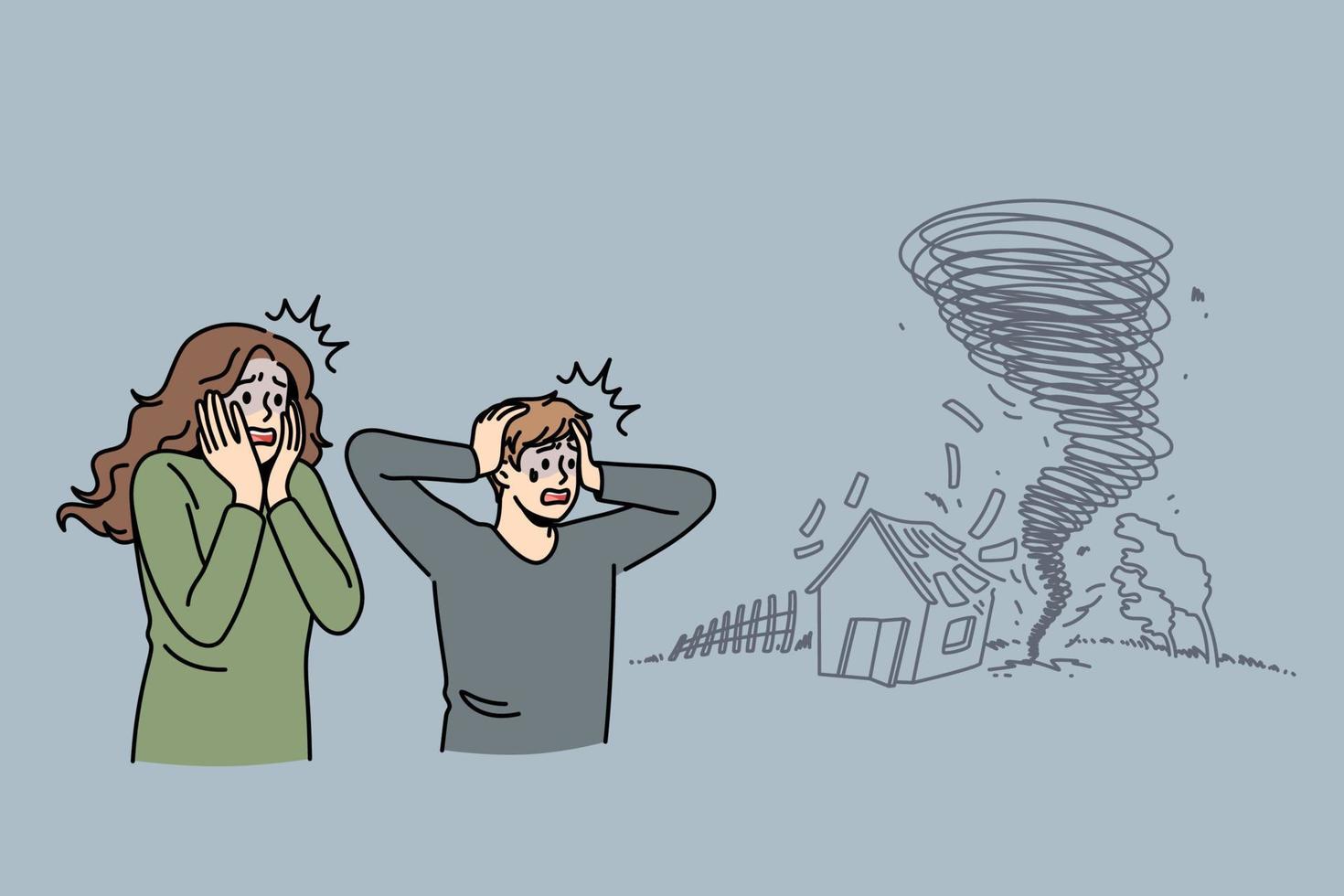 Natural disaster and tornado concept. Sad stressed frightened man and woman standing looking at coming storm and damaged house and feeling despair vector illustration