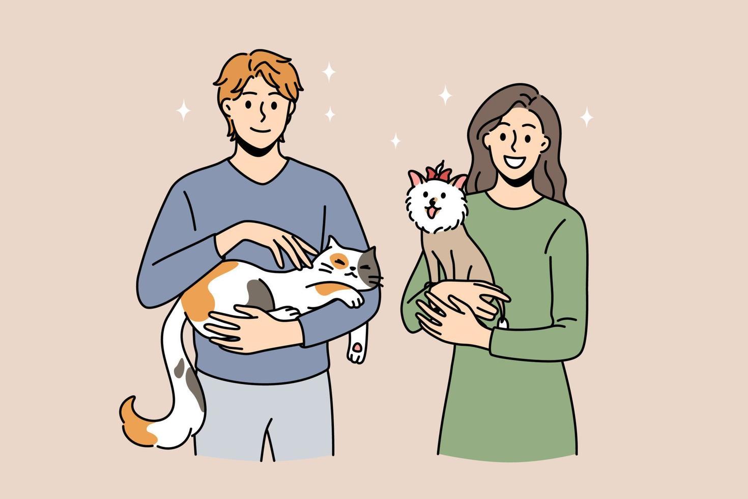 disfrutando del concepto de animales y mascotas. joven pareja sonriente mujer y hombre de pie y sosteniendo gato y perro pequeño en las manos sintiendo amor ilustración vectorial vector