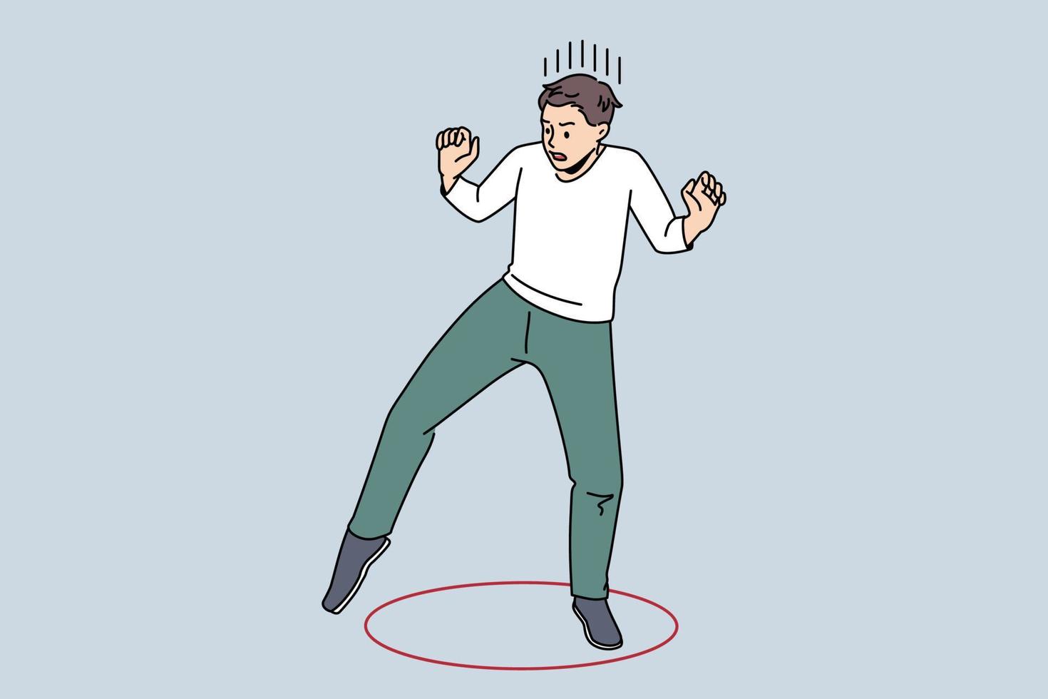 Careful young man step out of painted circle on floor try to get out of comfort zone. Worried anxious male venture out of area he imprisoned. New opportunities concept. Flat vector illustration.