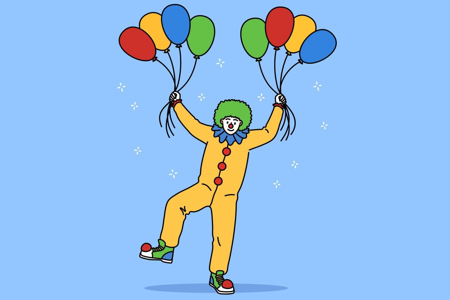 Children entertainment professions during work concept. Young man clown with red nose in costume standing holding heap of colorful balloons vector illustration