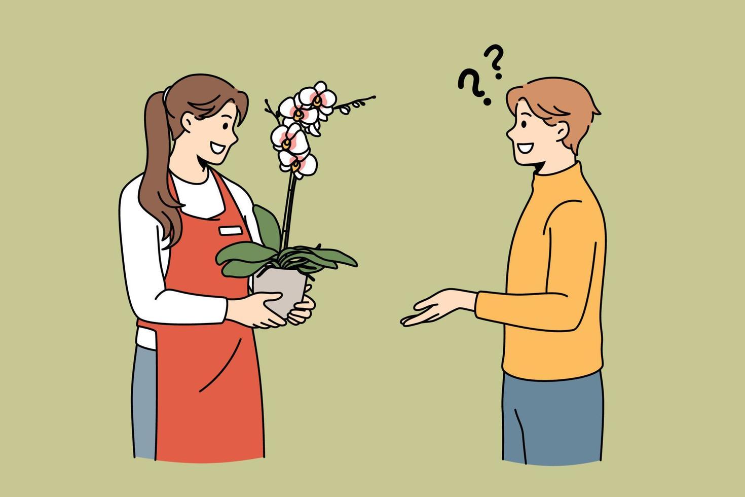 Communication in flower store concept. Young man client customer standing and asking girl florist about plant in pot vector illustration