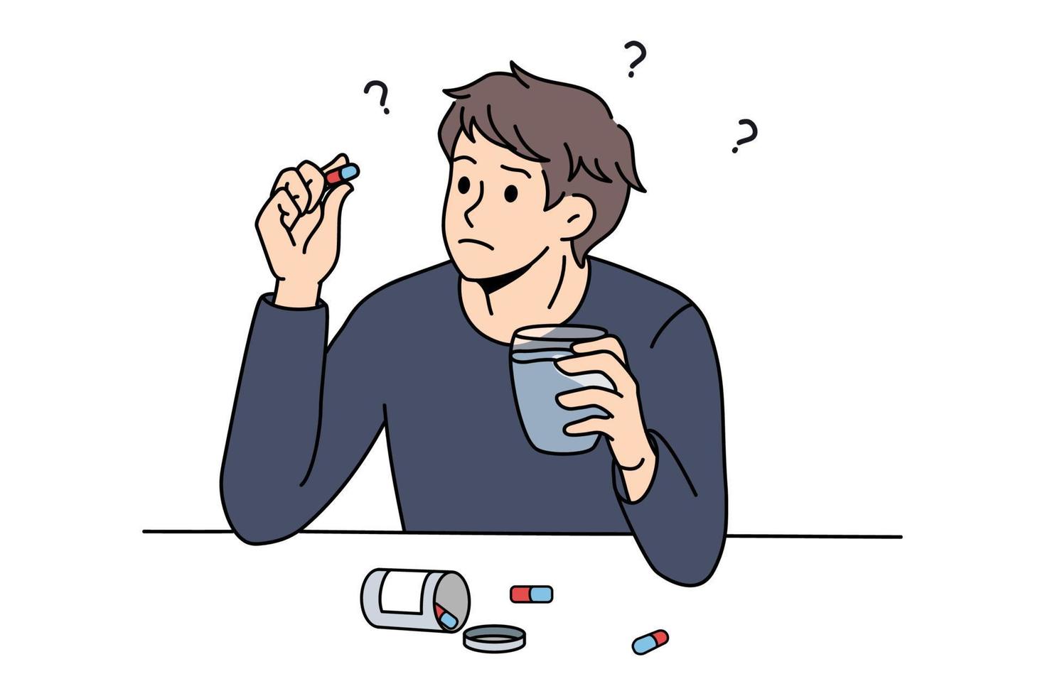 Confused young man doubt about taking antidepressant pills suffer from mental or psychological illness. Doubtful male consider about medication treatment. Healthcare. Vector illustration.