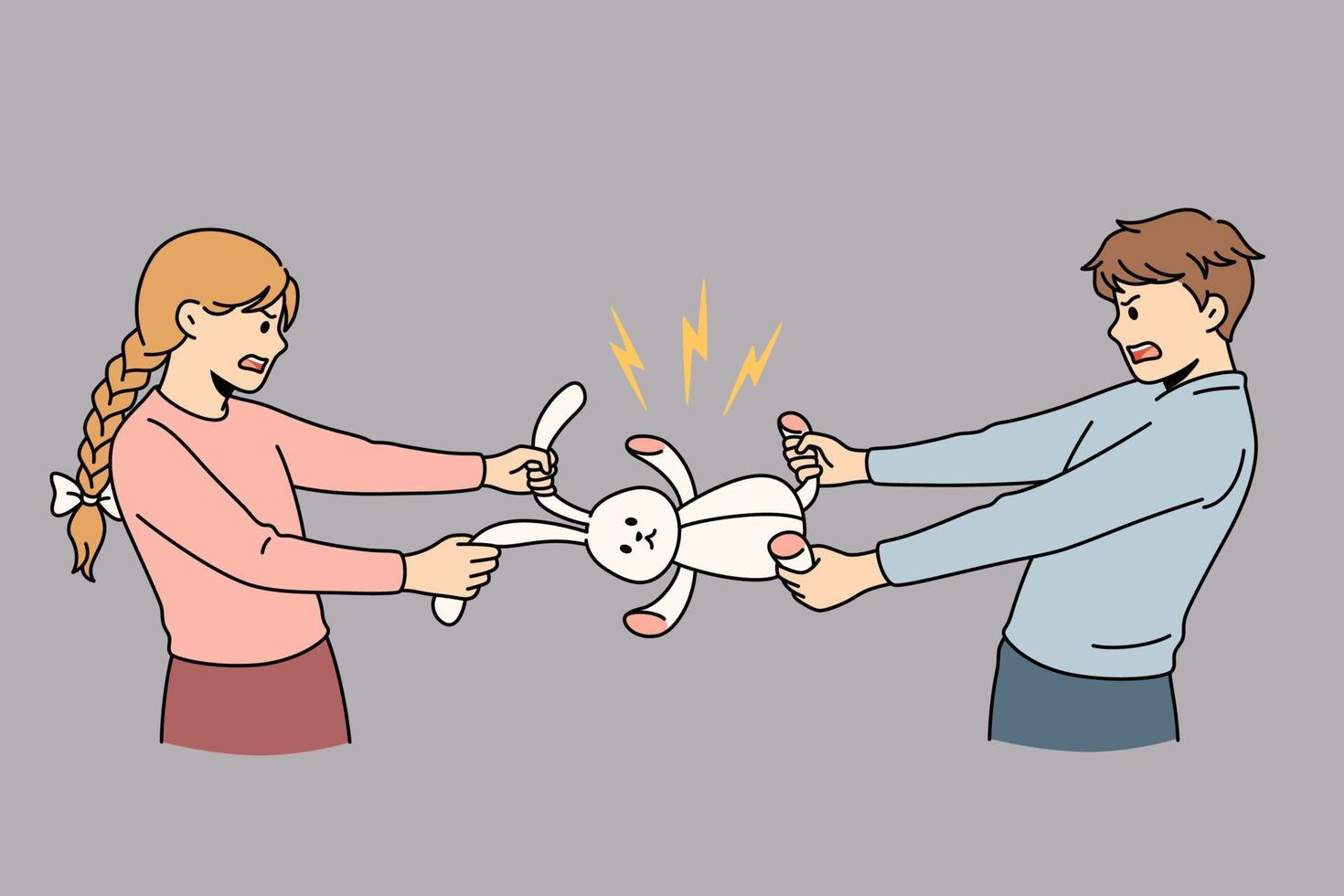 Fighting for toy and conflict concept. Two children boy and girl standing fighting for rabbit toy with each other vector illustration