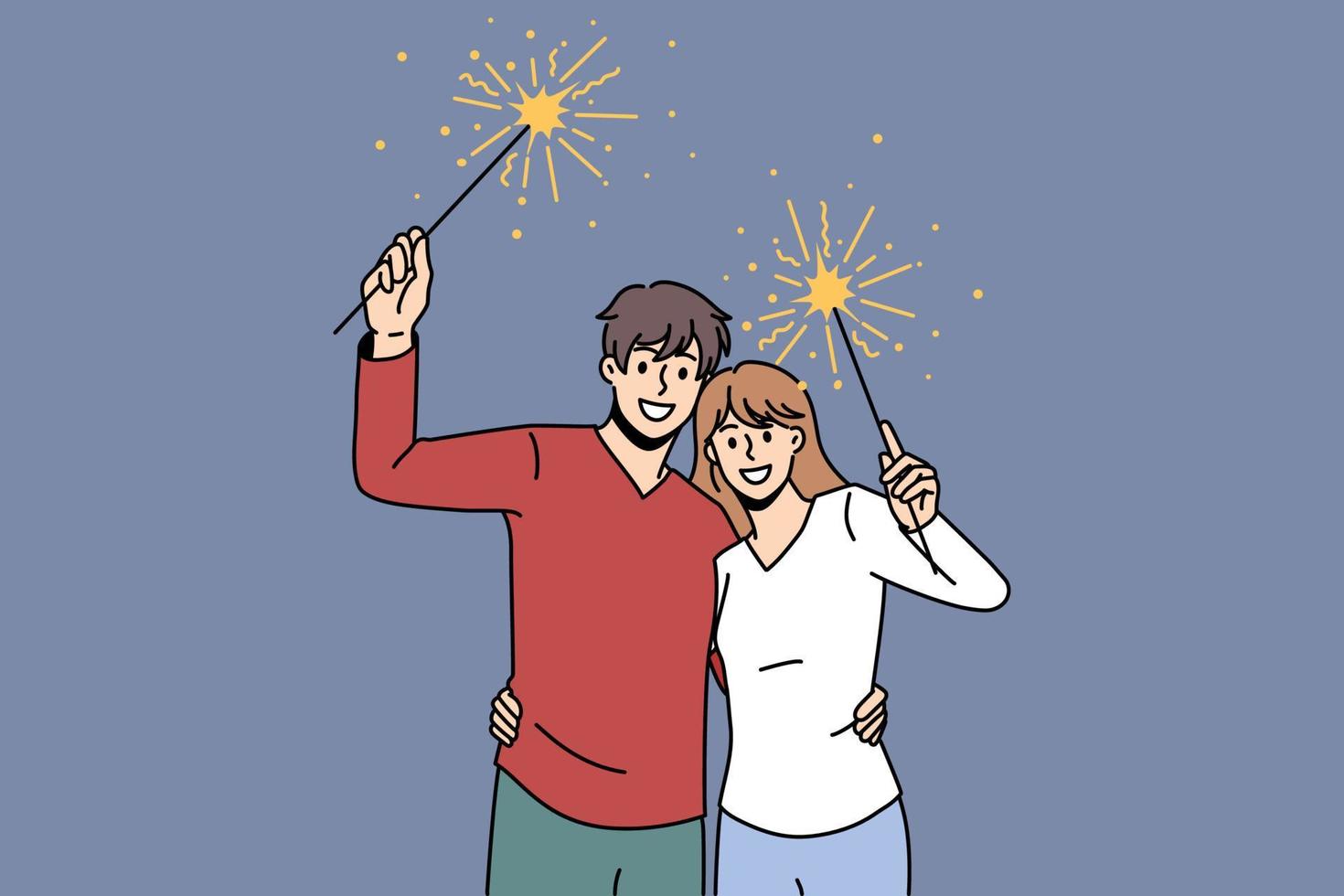 Happy couple lovers with festive fireworks hug cuddle celebrate New Year together. Smiling man and woman with lights enjoy Christmas party or celebration. Winter holiday. Vector illustration.