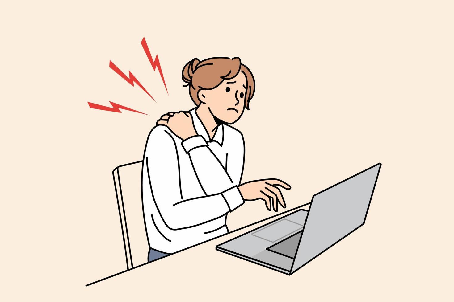 una mujer de negocios indispuesta sentada en el trabajo de escritorio en una laptop sufre de dolor de cuello abrumada por un estilo de vida sedentario. mujer malsana lucha con dolor de espalda. trabajo excesivo. ilustración vectorial plana. vector