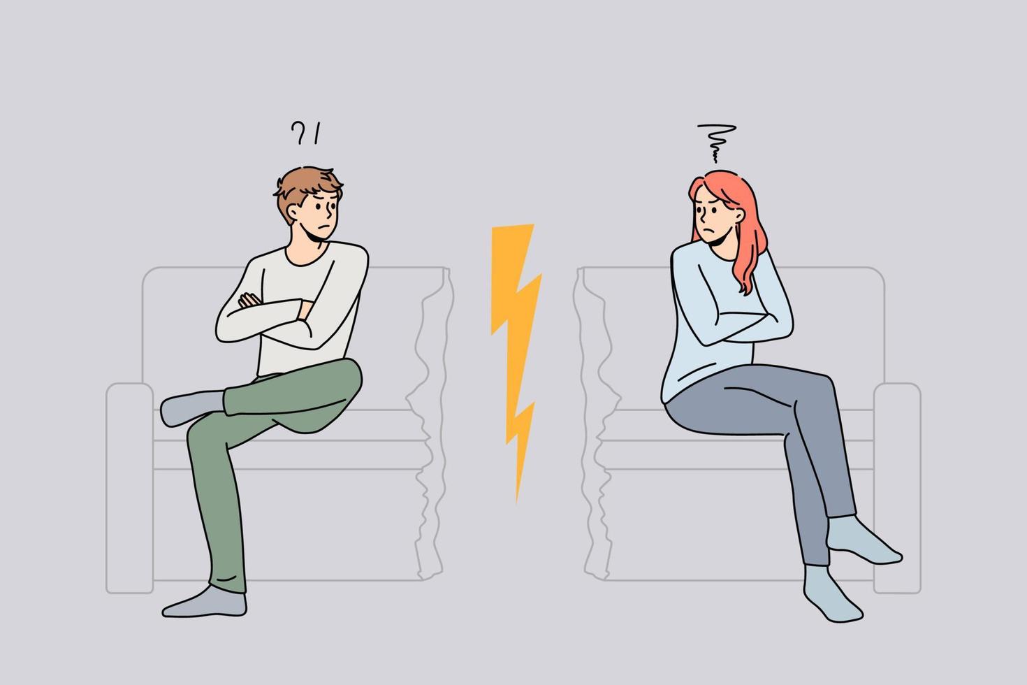 Unhappy stubborn couple sit separate on cut couch have family fight or quarrel. Angry mad man and woman lovers avoid ignore talking. Cheating and breakup, divorce concept. Vector illustration.