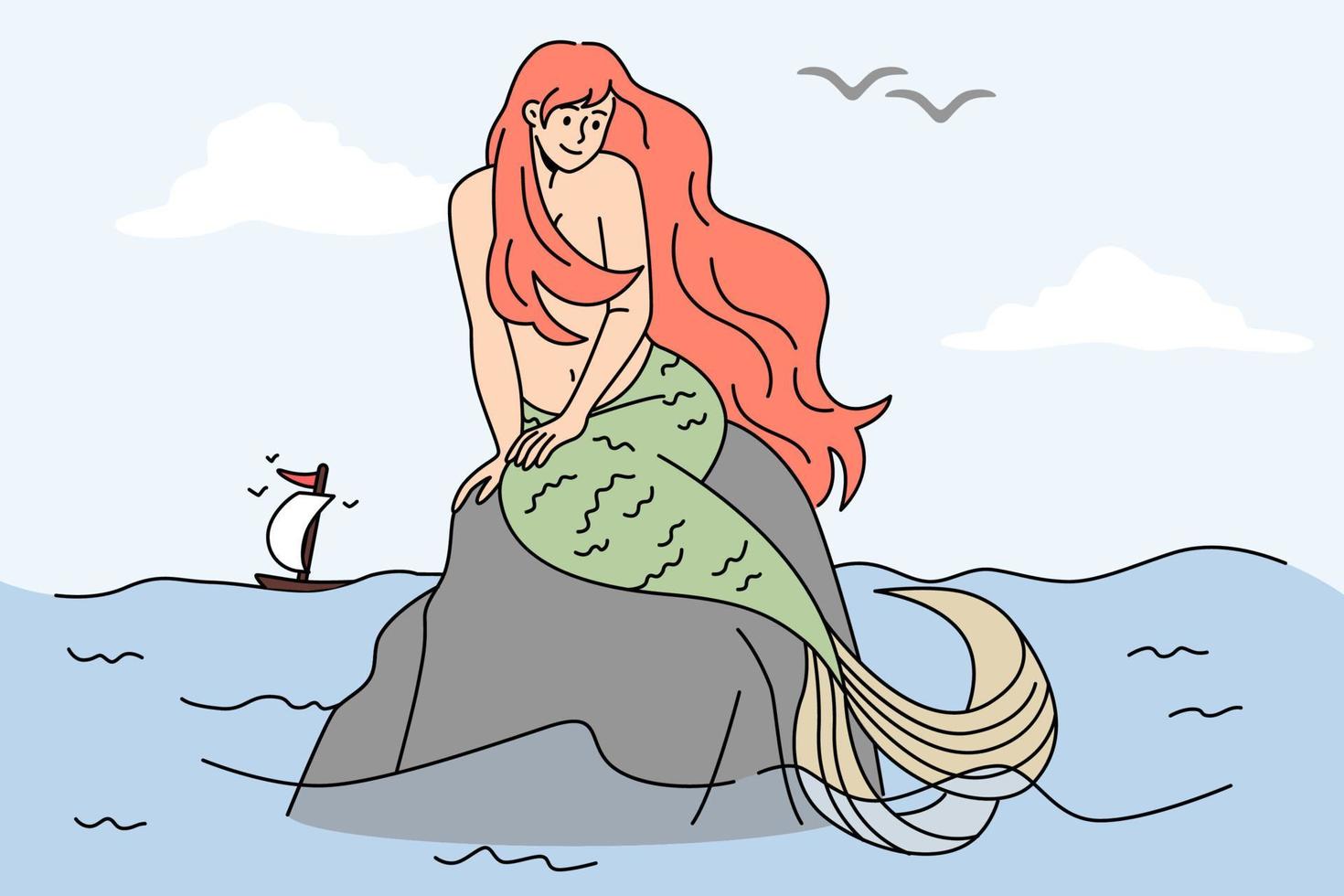 Beautiful mermaid girl sit on stone in ocean waters look in distance. Happy pretty young woman siren relax on rock in sea. Marine life. Flat vector illustration, cartoon character.