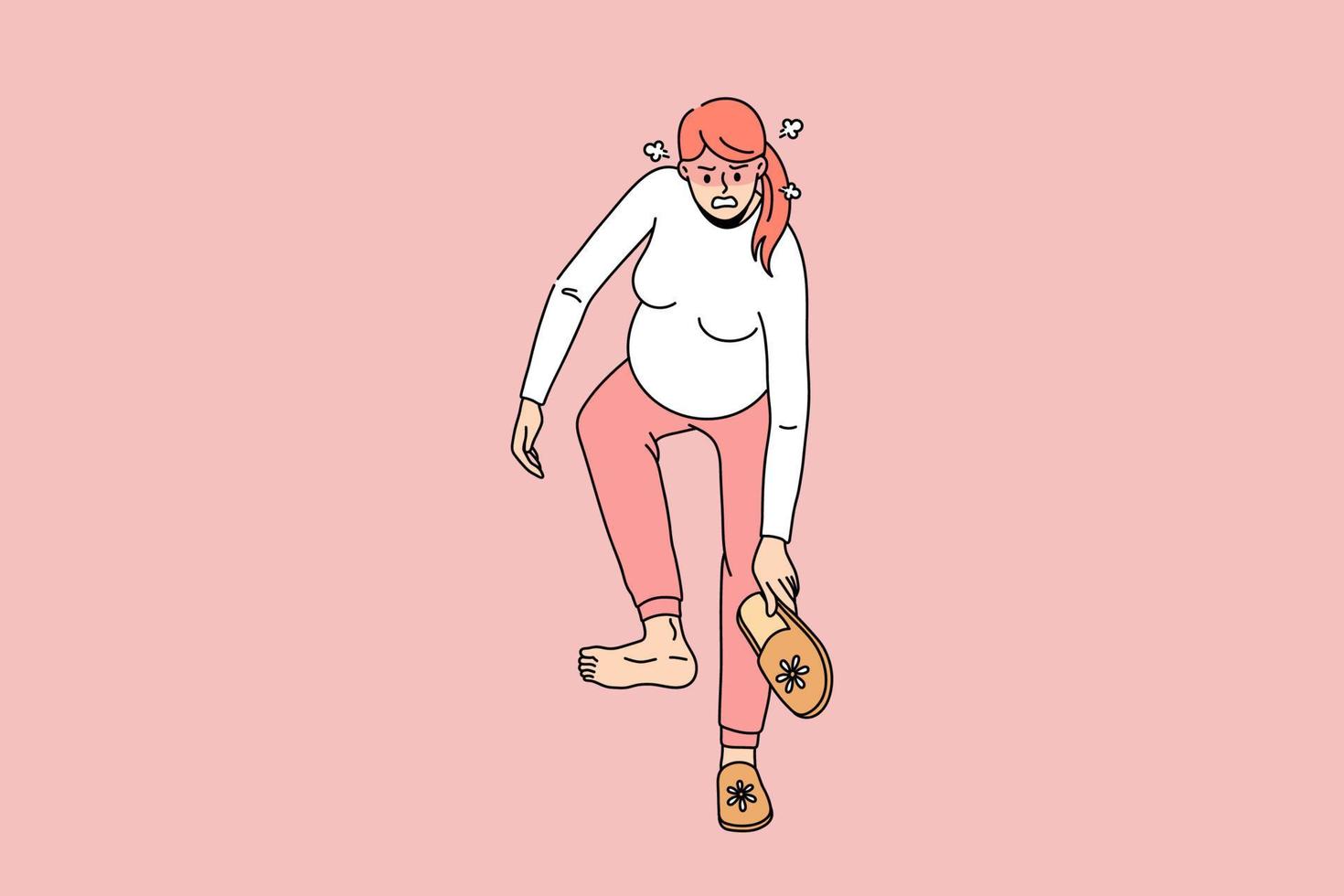 Angry pregnant woman bend with huge belly try wear sleepers. Unhappy mad mom to be suffer from last month pregnancy outcomes and problems, unable to dress. Flat vector illustration.