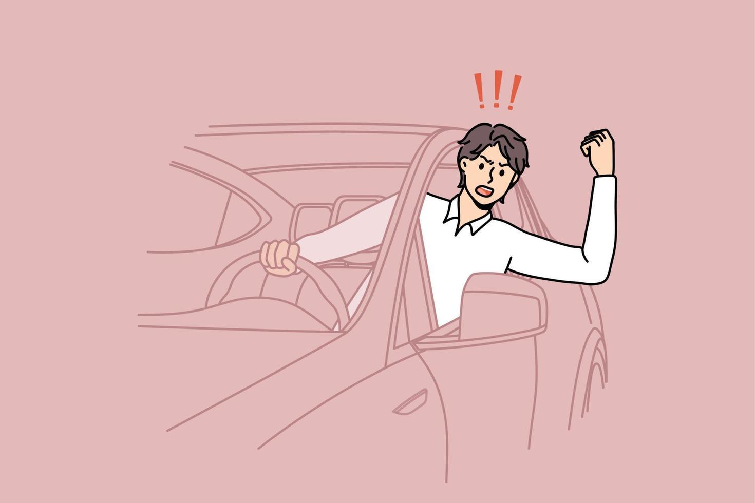 Aggressive man driver scream and shout beep in car on road. Mad male honk in horn swear and yell stuck in traffic jam. Transportation, driving problem concept. Flat vector illustration.