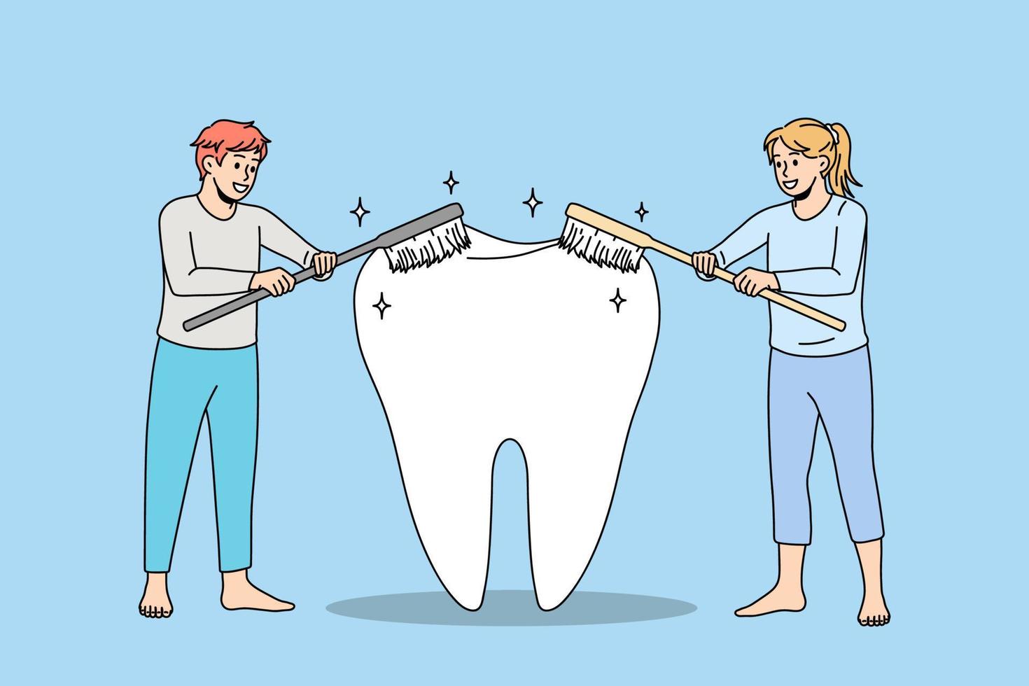 las personas que usan cepillos de dientes que limpian dientes gigantes cuidan la higiene bucal. el hombre y la mujer limpian los dientes del cepillo. protección contra caries. cuidado bucal, concepto de tratamiento dental. ilustración vectorial plana. vector