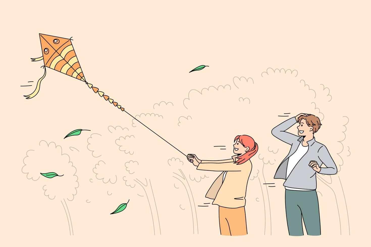 Happy father and small daughter play with paper kite in park. Smiling dad have fun feel playful with game with little child on family weekend. Entertainment, leisure activity. Vector illustration.