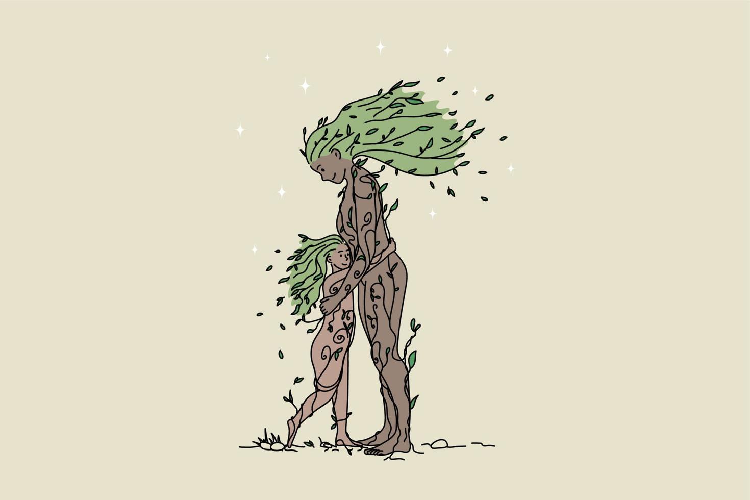 árboles vivos madre e hija abrazan abrazan muestran amor y cuidado a la naturaleza. plantas vivas mamá y niño se abrazan. concepto de ahorro del medio ambiente. ilustración de vector plano, personaje de dibujos animados.