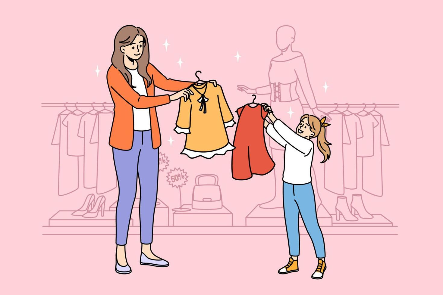 Family shopping and sales concept. Happy mother and daughter holding dressed trying to choose clothing during shopping together vector illustration