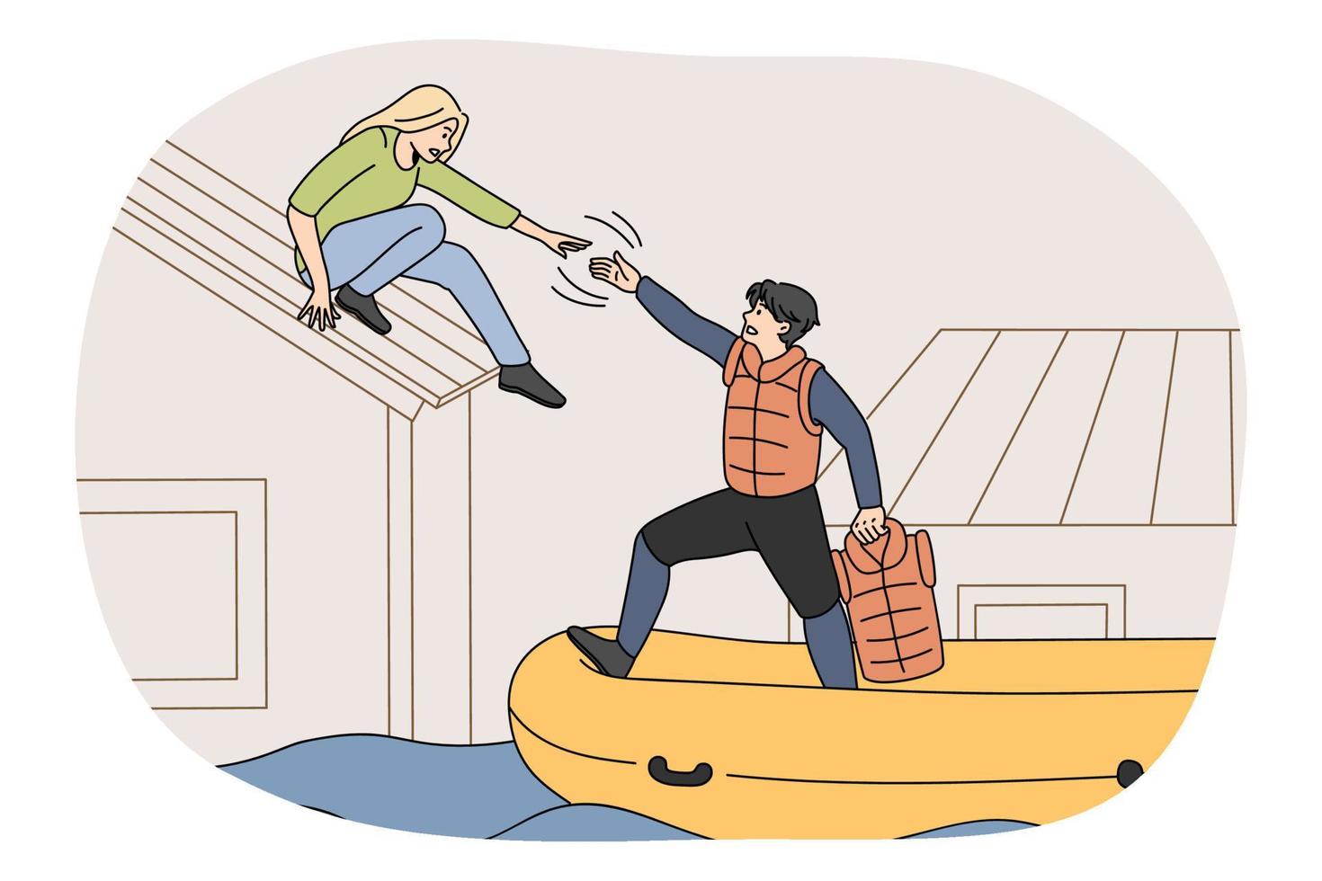 Rescuer on boat help people from flooded house during natural disaster in city. Professional helper give hand to stressed woman during deluge cataclysm. Waterflooding. Flat vector illustration.